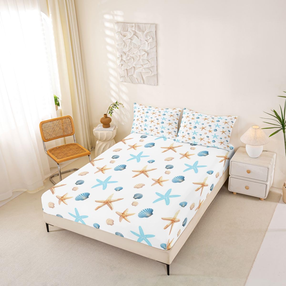 Castle Fairy Khaki Starfish Fitted Sheet Queen Size (No Flat),Blue Shell Bedding Sets 3Pcs,Girls Boys Adult Room Decor,Ocean Life Bed Cover Hawaii Beach Deep Pocket Sheet,2 Pillowcases