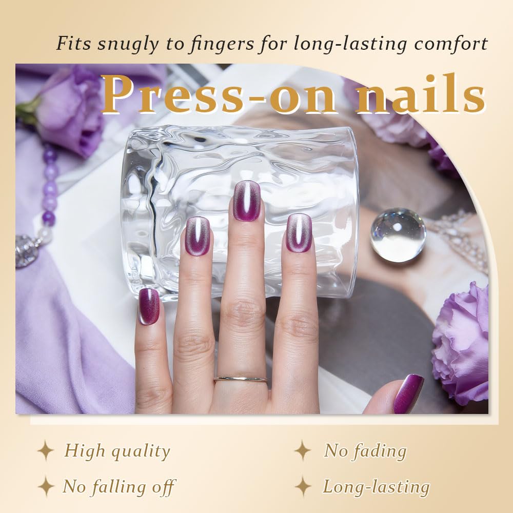 evpct Light Purple Cat Eye Extra Short Press on Nails Square, Petite Short Square Stick on Nails for Women Gift, Magenta Purple Holographic Glitter Glossy Reusable Gel Press on Acrylic Fake Nail
