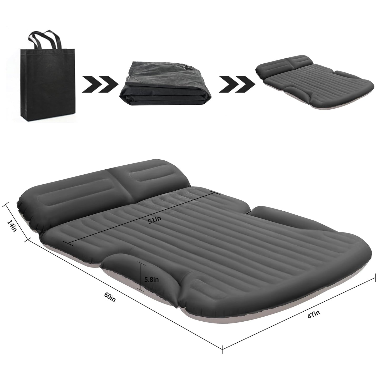 KMZ SUV Air Mattress Thickened and Double-Sided Flocking Travel Camping Bed with 2 Pillows & Electric Pump Dedicated Mobile Cushion Inflatable Bed for SUV Trunk and Rear Seat (Dark Gray)