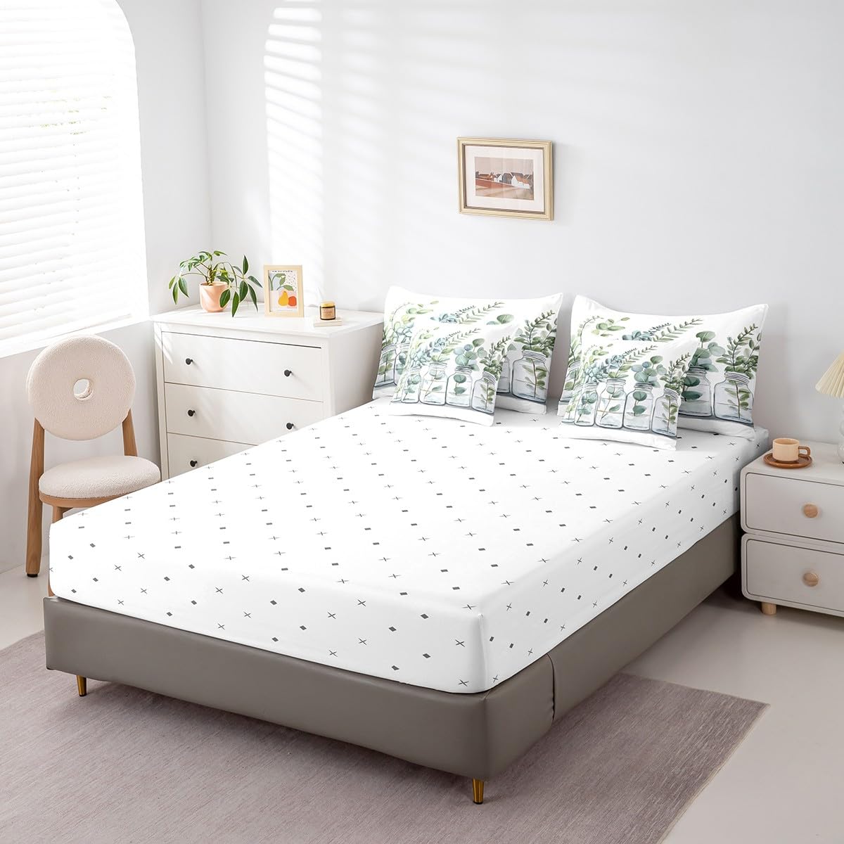 Erosebridal Spring Green Leaves Comforter Set Full Size,Botanical Leaves Bedding Set for Kids Teens,Eucalyptus Leaf (Comforter+Fitted+Flat Sheet+2 Pillowcases+2 Throw Pillow Covers) 7 Pieces Bed Set