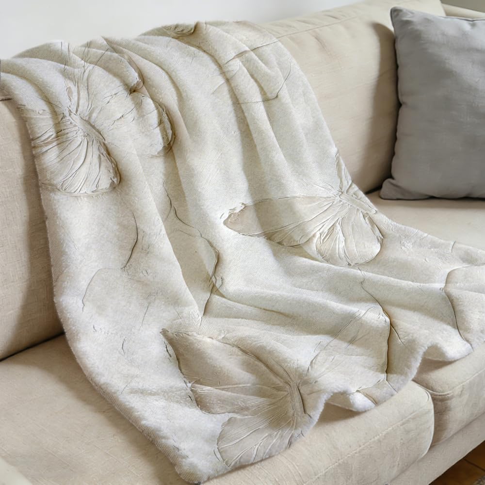ZHOUSHUTONG Butterfly Throw Blanket Elegant White Butterflies Floral Print Gifts for Women Girls Super Soft Warm Cozy Flannel Blanket for Couch Sofa Bedroom Office Home Decor 49"x59"