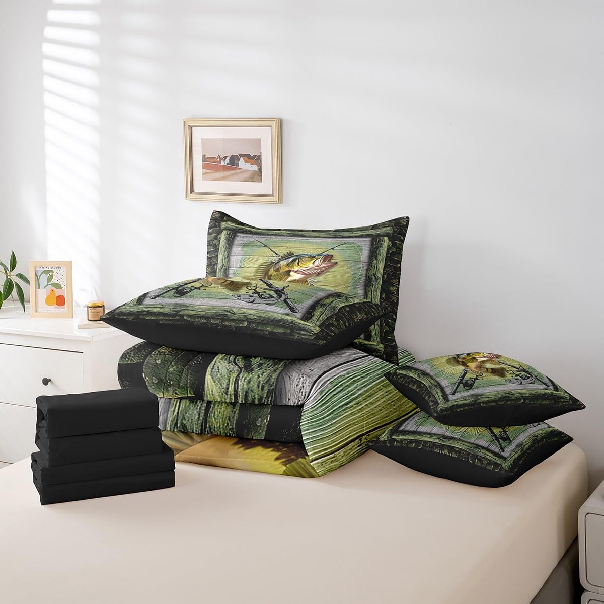 Feelyou Fishing and Hunting 7 Pieces Bedding Set Queen Size,Pike Fish Bed in a Bag Set Decor,Bass Big Fish Bed Set Includes Comforter, Sheet Set, Pillowcases Rustic Wooden Bedroom Green