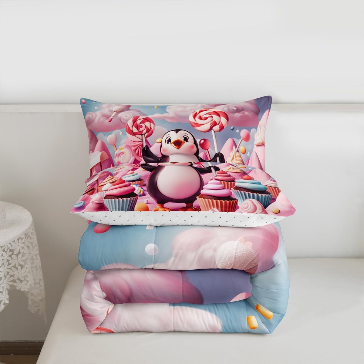 Erosebridal Funny Penguin Bedding Set Queen Antarctic Animal Theme Comforter Set for Kids Boys Girls Cartoon Penguin Down Comforter,Dessert Candy Quilt Duvet