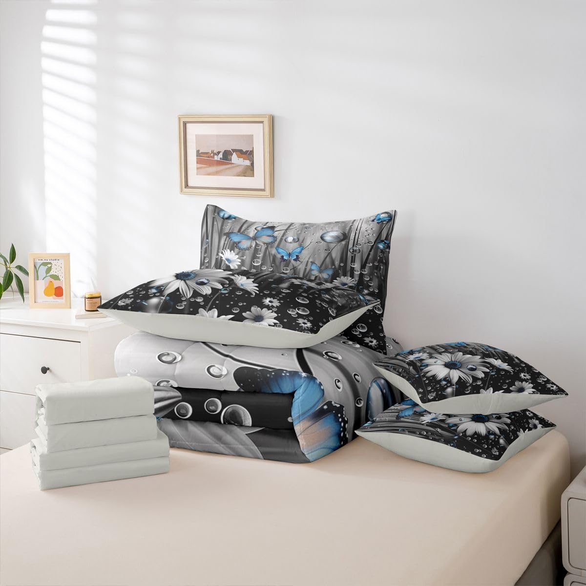 Erosebridal Butterfly 7 Piece Bedding Set Queen Daisy Comforter Set with Sheets Water Droplets Flower Stem Farmhouse Bed in a Bag Fog 3D Floral Blue Butterflies for Kids Boys Girls