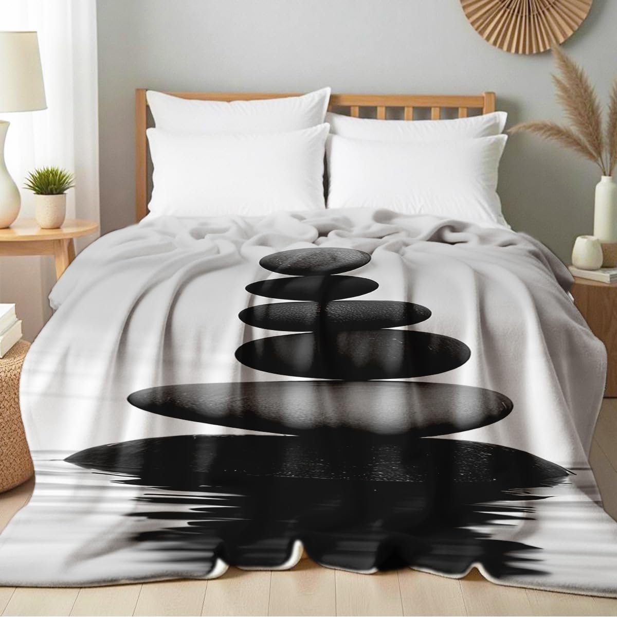HUNXIAOJ Zen Stone on Water Print Blanket Black and White Flannel Blanket Spa Throw for Home Bedding Couch Bed Yoga Room Meditation Decor Gifts (49"x59")