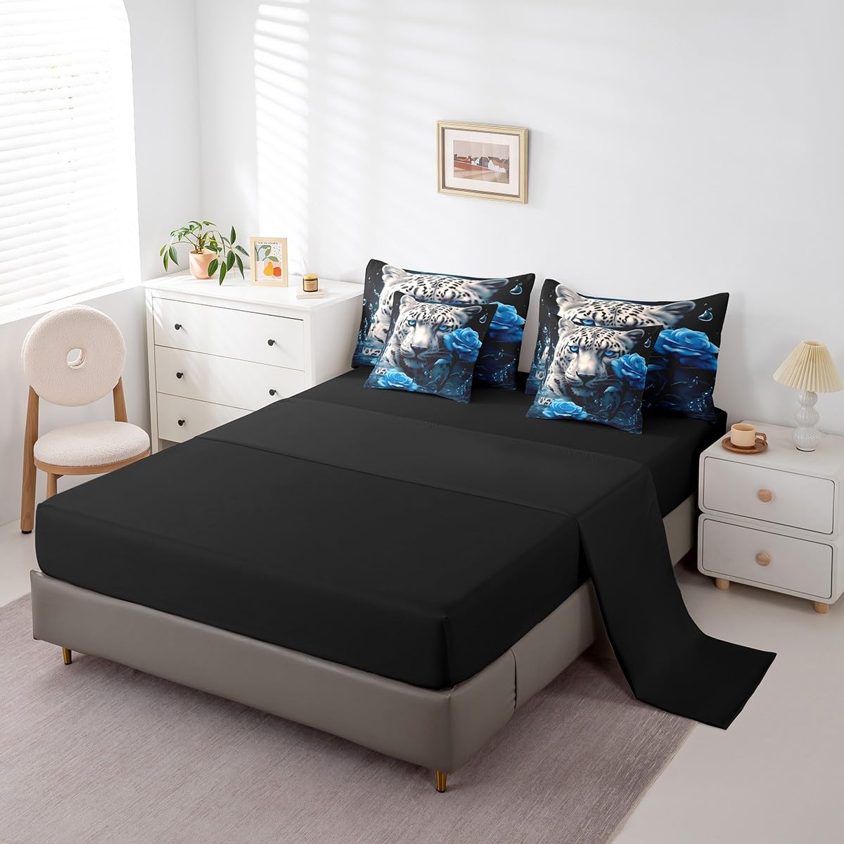 Feelyou Blue Rose 7 Piece Bedding Set for Adult Couple Full Size White Leopard Comforter Set with Sheets Boys Girls Romantic Bed in a Bag Floral Flower Bed Set