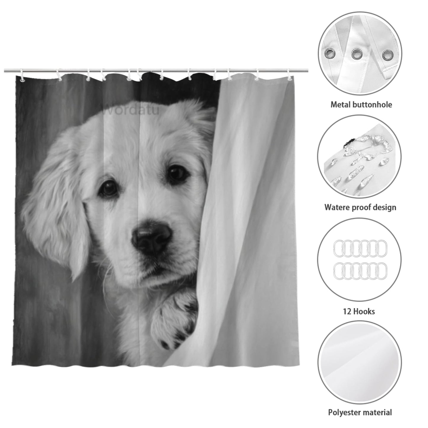 Wordatu Golden Retriever Shower Curtain Funny are You Pooping Black and White Bath Curtain Bathroom Decor Animal Toilet Decor Water Resistant Fabric with 12 Hooks 72x72