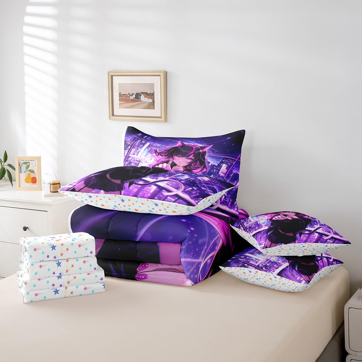 Erosebridal Kids Anime Girl Twin Comforter Set 7 Piece, Japanese Anime Bed in A Bag, Cartoon Girl Bedding Comforter Sets for Boys Teens Bedroom Decor, Kawaii Japanese Animation Bed Set