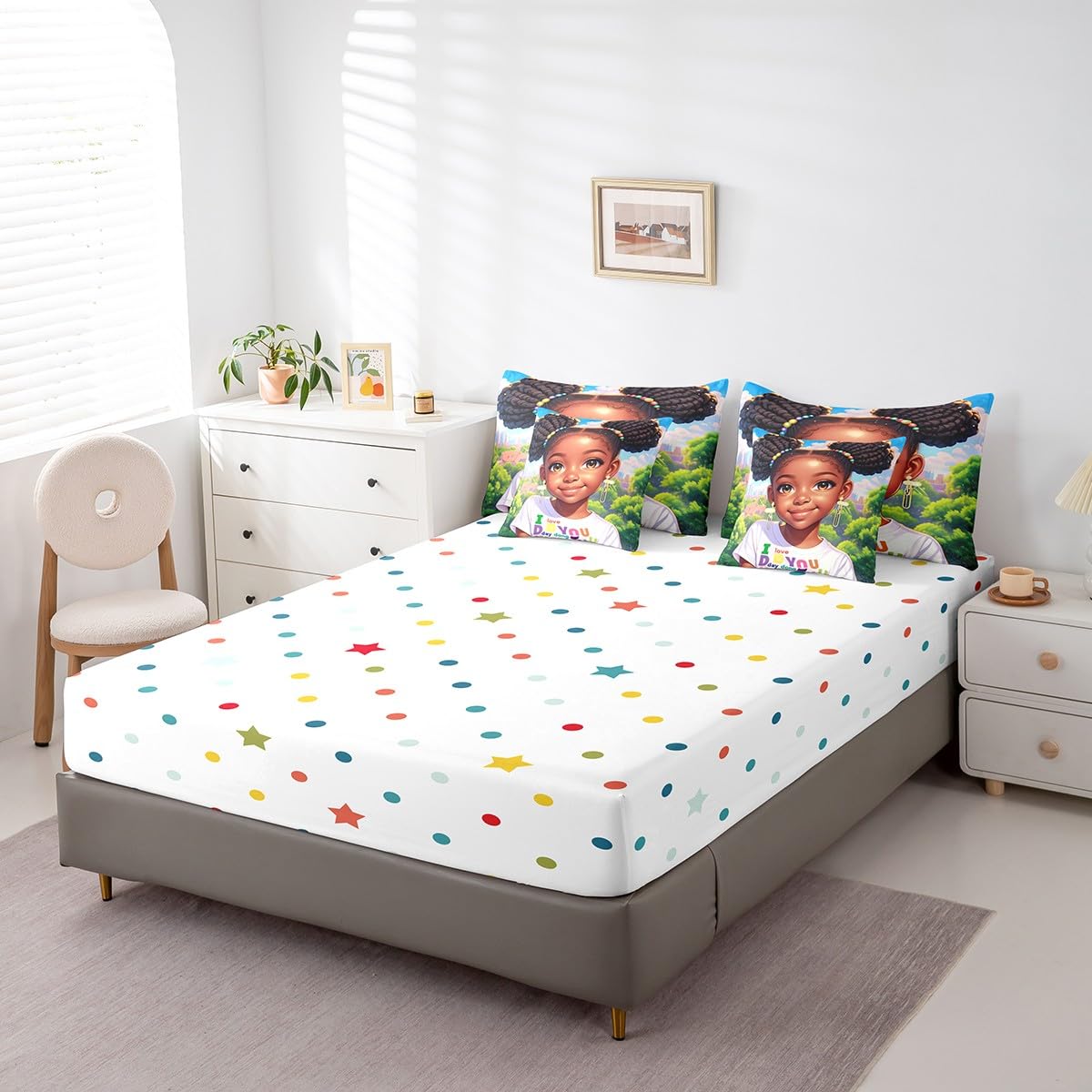 Twin Size 7 Pcs American Style Girl Bedding Set,Black Cute Girly Bed Sheet,African American Cartoon Reversible Printed Quilt Set+Flat Sheet+Fitted Sheet+2 Pillowcases+2 Throw Pillow Covers