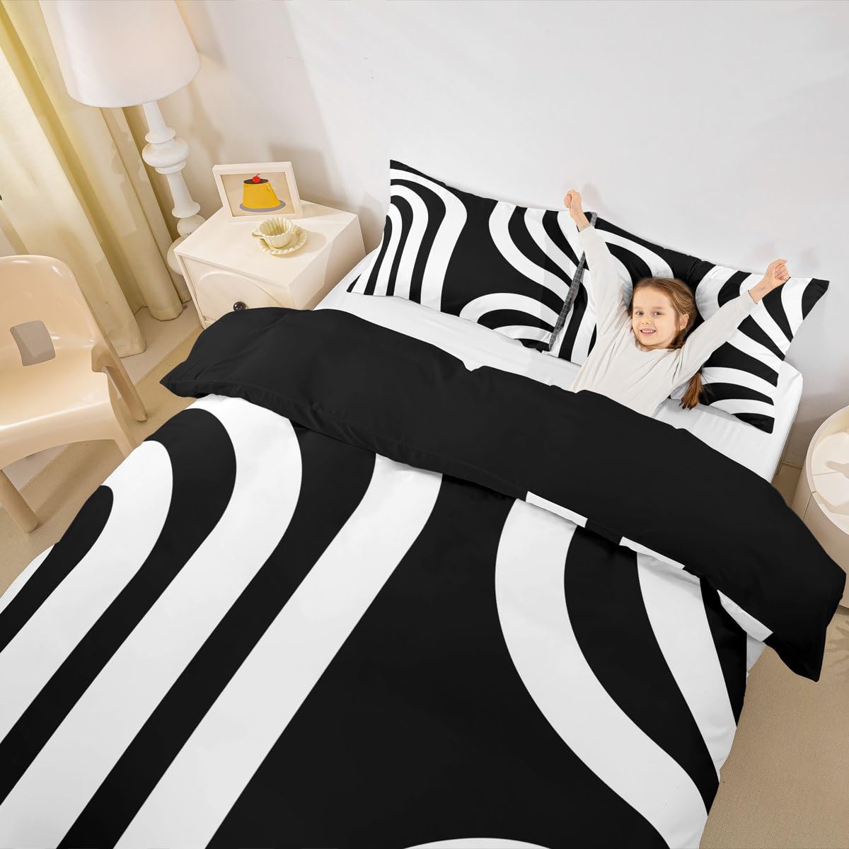 jejeloiu Black White Geometric Duvet Cover Kids Geometric Bedding Set King Size Abstract Art Comforter Cover for Women Men Room Decor Soft Microfiber Modern with 2 Pillow Case,No Comforter
