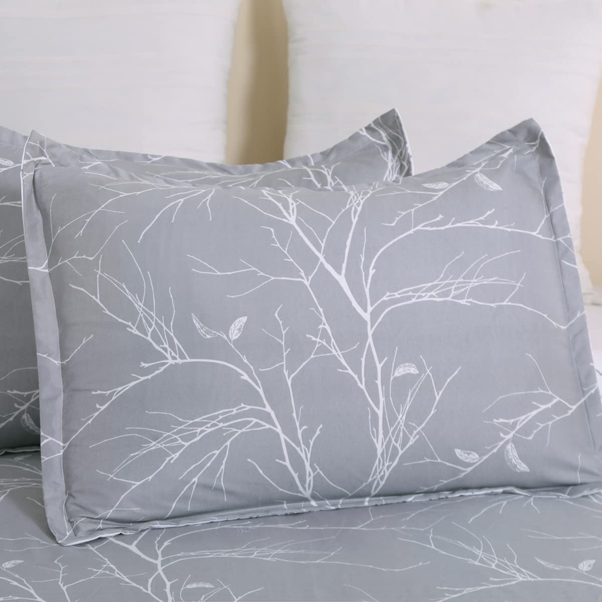 Vaulia Soft Microfiber Duvet Cover Sets, Branches Floral Theme, King Size Gray Color Design 3-Piece Set (1 Duvet Cover 2 Pillow Shams)
