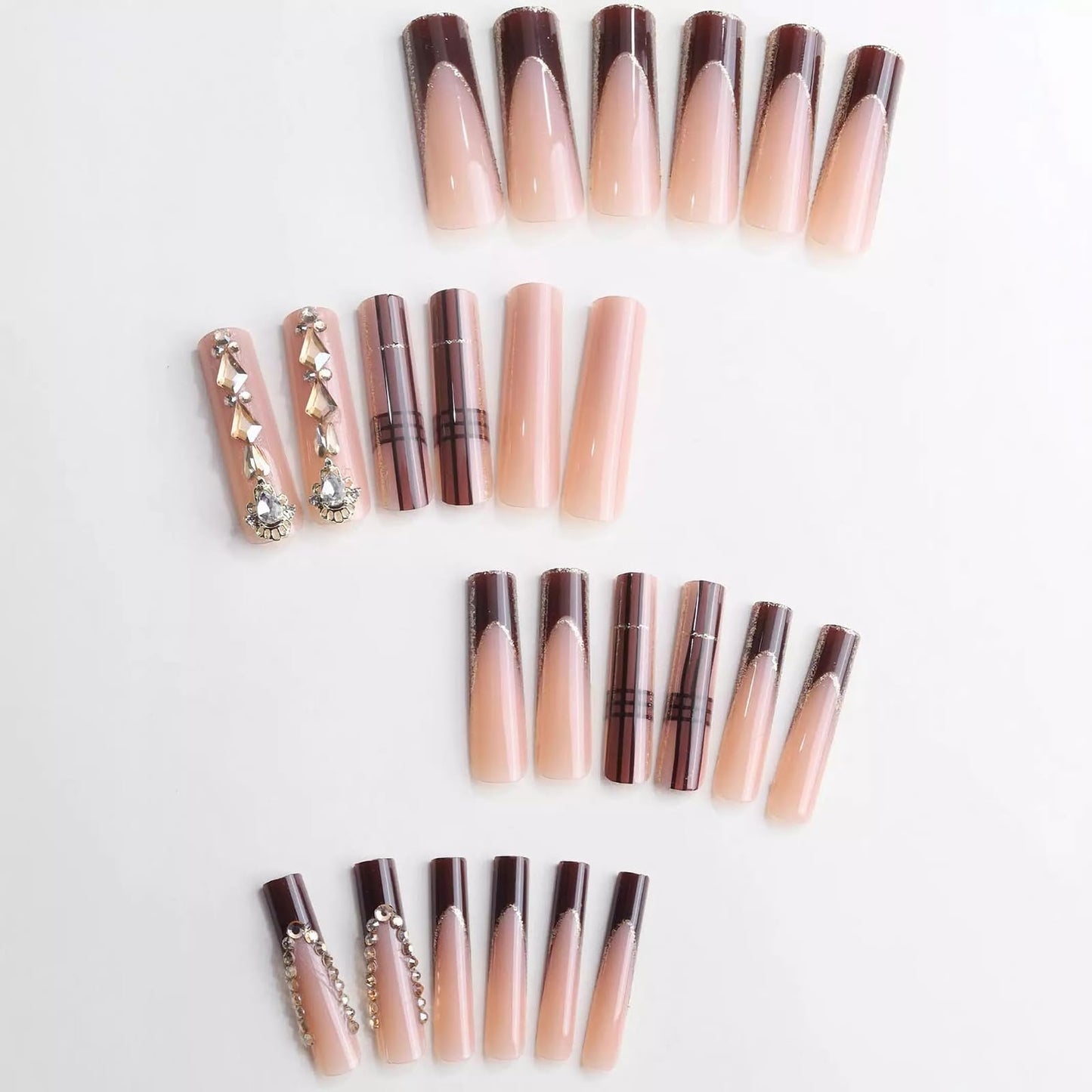 MISUD Press on Nails - Extra Long Square Glue on Nails with Fall Brown Plaid, Acrylic Rhinestone Design 24 pcs