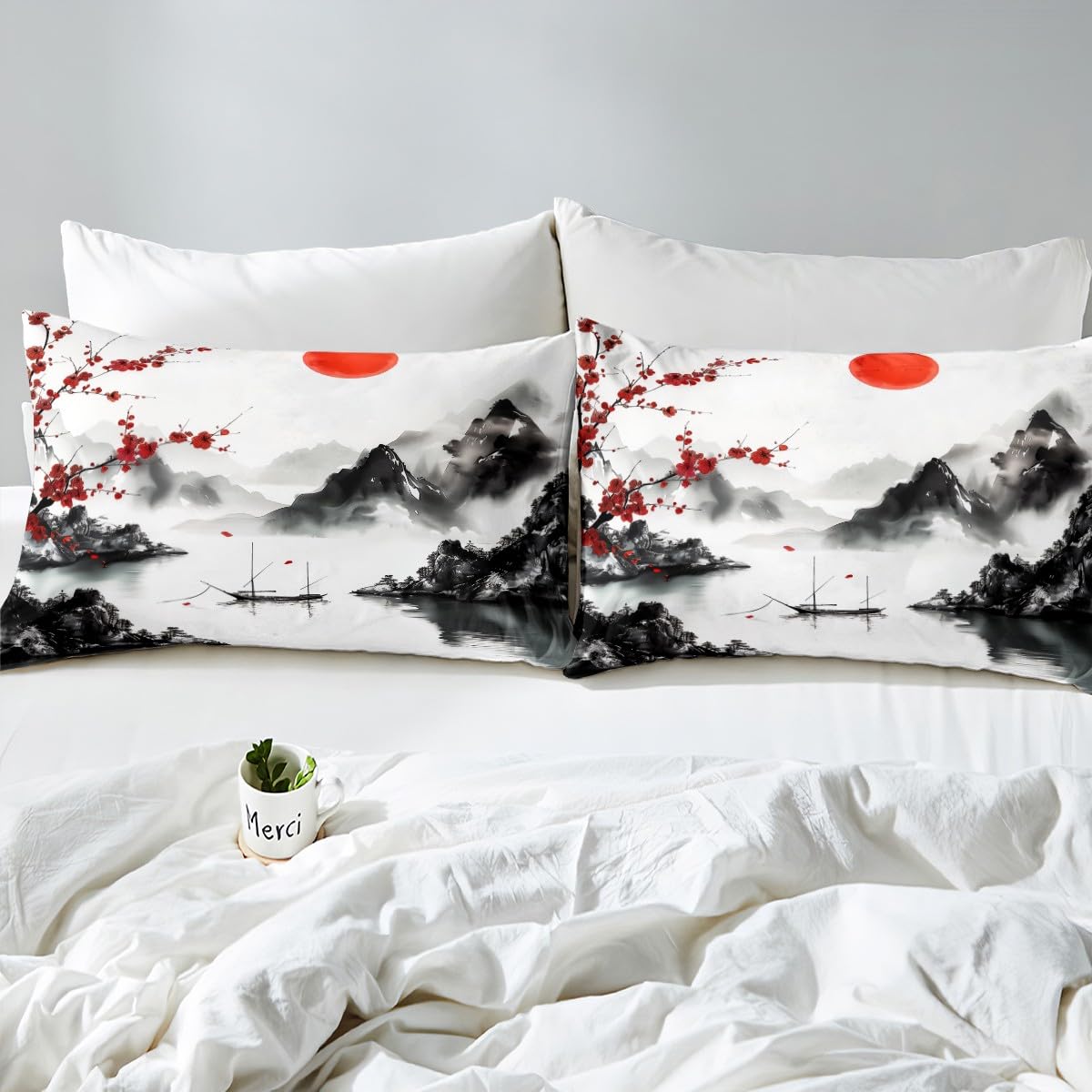 Feelyou Japanese Ukiyoe Theme Bedding Sheets Full Cherry Blossom Bed Sheet Set for Adult Kids Watercolor Fitted Sheet Natural Landscape Bed Cover 3Pcs,1 Fitted Sheet+2 Pillow Sham（No Flat Sheet）