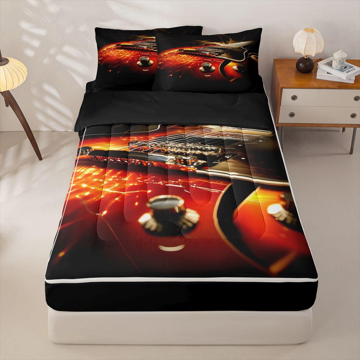 Erosebridal Guitar Zipper Comforter Set Twin 3D Bedding Set Electric Guitars Print Bed in a Bag Rock Music Theme Zippered Quilt Fitted Sheet,2 Pillowcases