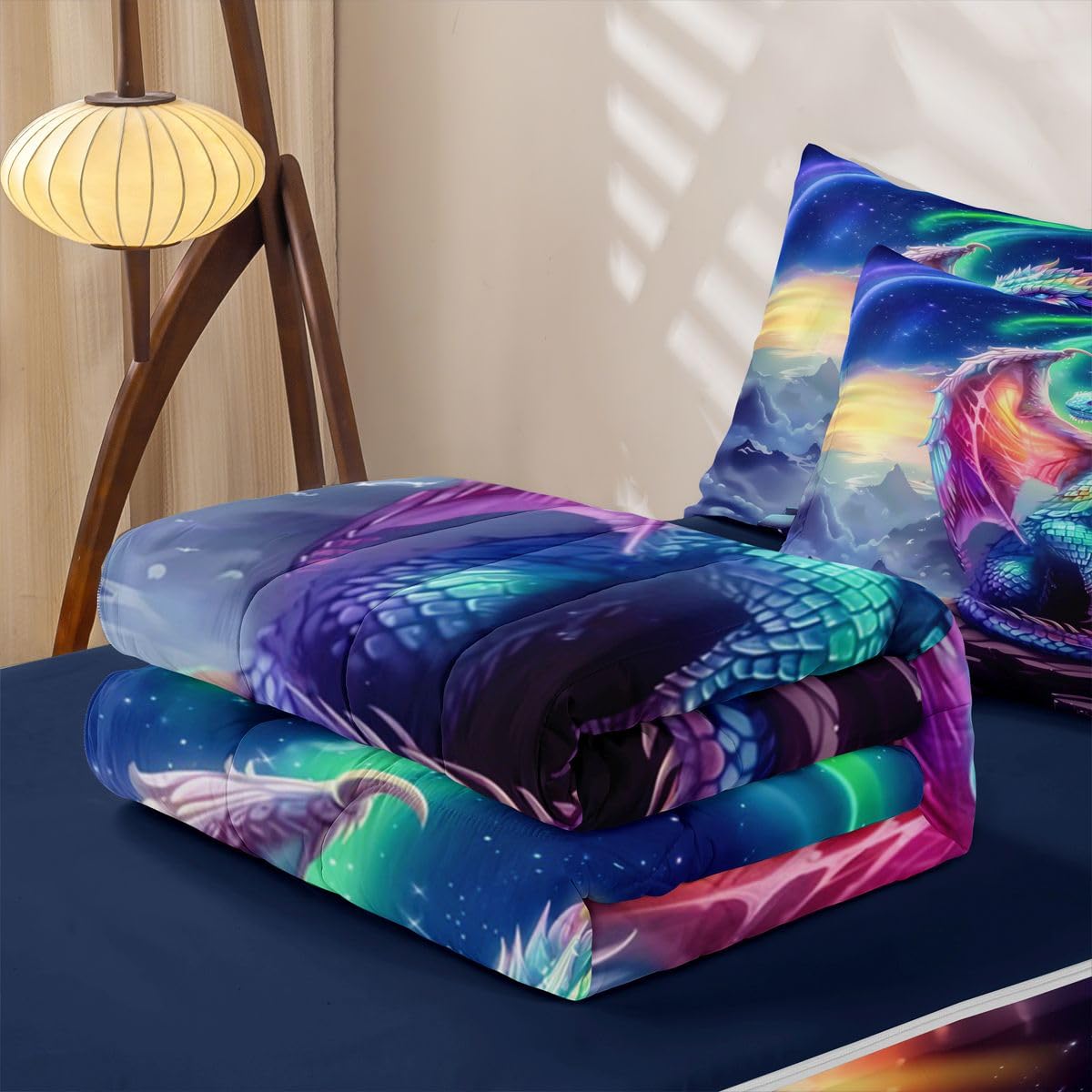 jejeloiu Flying Dragon Zipper Bedding for Kids Outer Space Galaxy Twin Comforter Set with Fitted Sheet 2 Pillowcases Aesthetic Aurora Bed in a Bag Fantasy Animal Soft Lightweight Microfiber