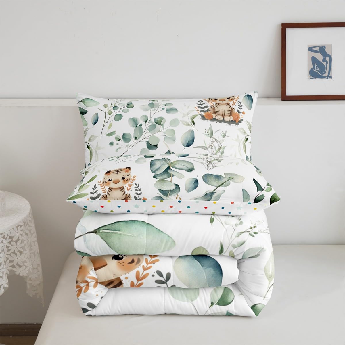 Erosebridal Kids Cute Animal Twin Comforter Set for Girls Boys Cartoon Tiger Bedding Set Twin, Spring Eucalyptus Bedding Comforter Sets Leaves Duvet Set, Kawaii Jungle Animal Quilted Comforter