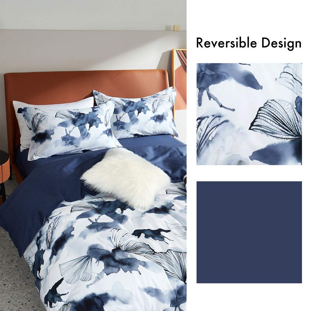 MILDLY Cotton Queen Duvet Cover Pillow Shams 3 Pieces Set Designed Blue Spring Floral Pattern Printed Bedding Set with Zipper Closure and Corner Ties (No Comforter)
