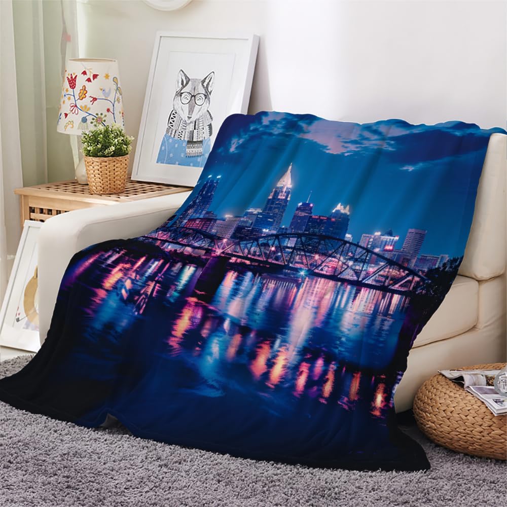 PAOABIU City Pittsburgh Blanket Throw, Bridge Reflection Throw Blanket for Couch, Night View Breathable Warm Bed Throw, Dark Blue Lightweight Fleece Blanket Kids 30"x 40" Camping & Travel Blanket