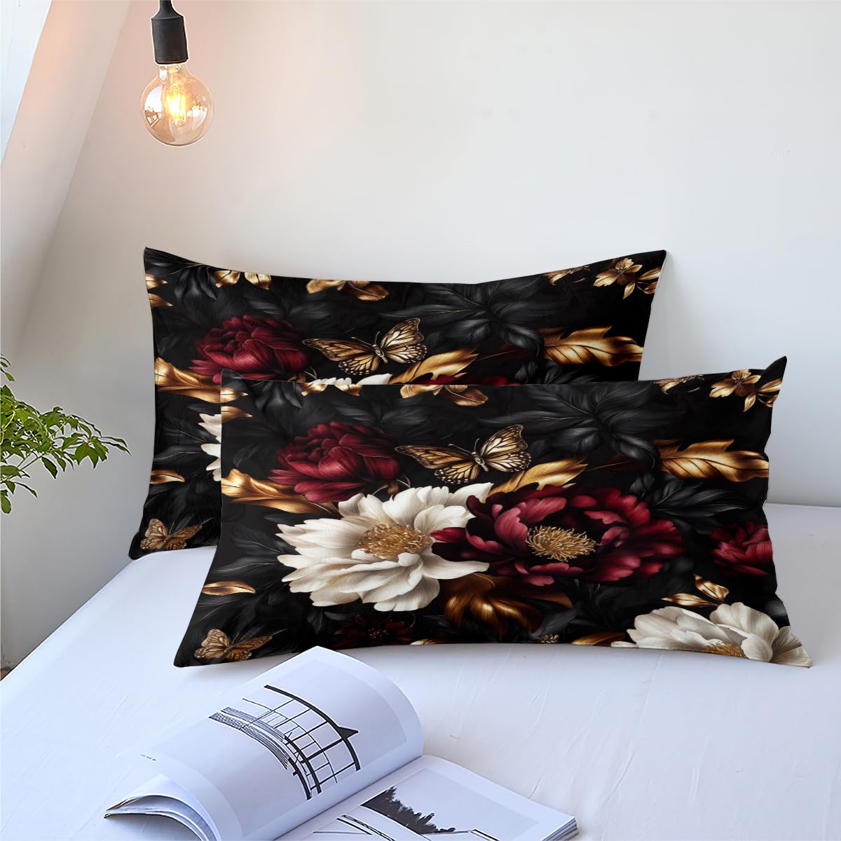 CCoutueChen Black Floral Comforter Set Queen Size 3 Pieces Farmhouse Botanical Flower Bedding Set Modern Aesthetic Bedding Soft Lightweight Down Alternative Comforter Sets with 2 Pillowcases