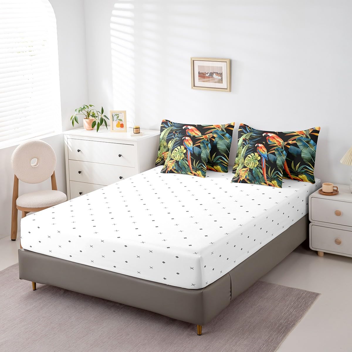 jejeloiu Parrot Comforter Set 7 Pieces Full Size Kids Tropical Leaves Bed in a Bag for Boys Girls Botanical Bedding Set Nature Summer,Comforter + Sheets + Pillowcases + Cushion Covers