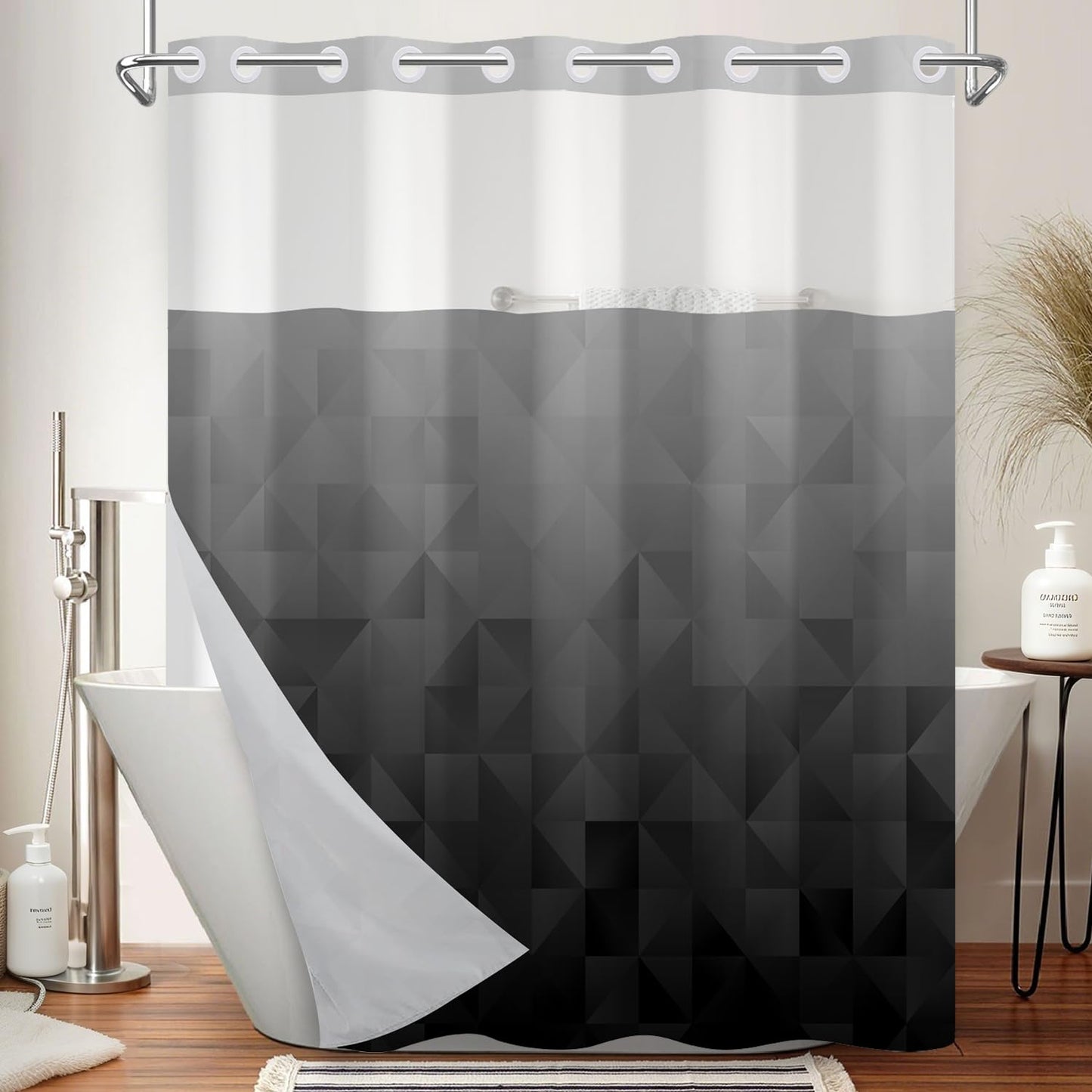 NAEMBCU No Hook Shower Curtain with Snap in Liner Set, Black Gray Ombre Geometric Print - Mesh Top Waterproof Double Layer Bath Tub Curtain for Modern Loft & Minimalist Bathroom Decor, 71W x 74H