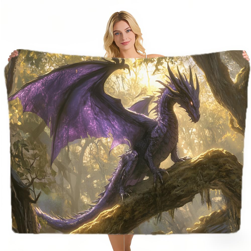 ZHOUSHUTONG Fantasy Purple Dragon Flannel Throw Blanket, Cozy Warm Lightweight Fuzzy Soft Dark Magical Dragon Flannel Blanket for Couch Bed Sofa Adults 49"x59"