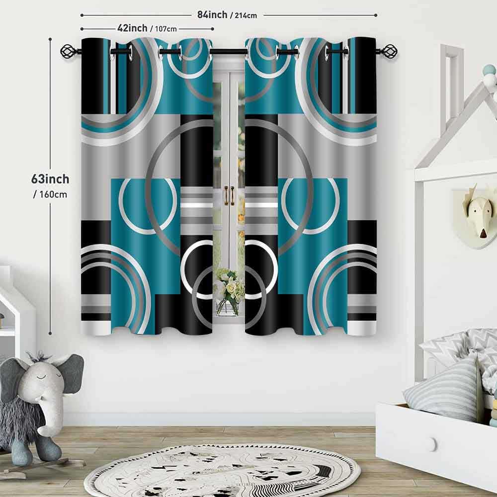 EOTDMS Teal Gray Geometric Blackout Curtains for Bedroom, White Gray Modern Abstract Plaid Circle Room Darkening Curtain Thermal Insulated Window Drapes for Living Room, 2 Panels, 42x63 inches Length