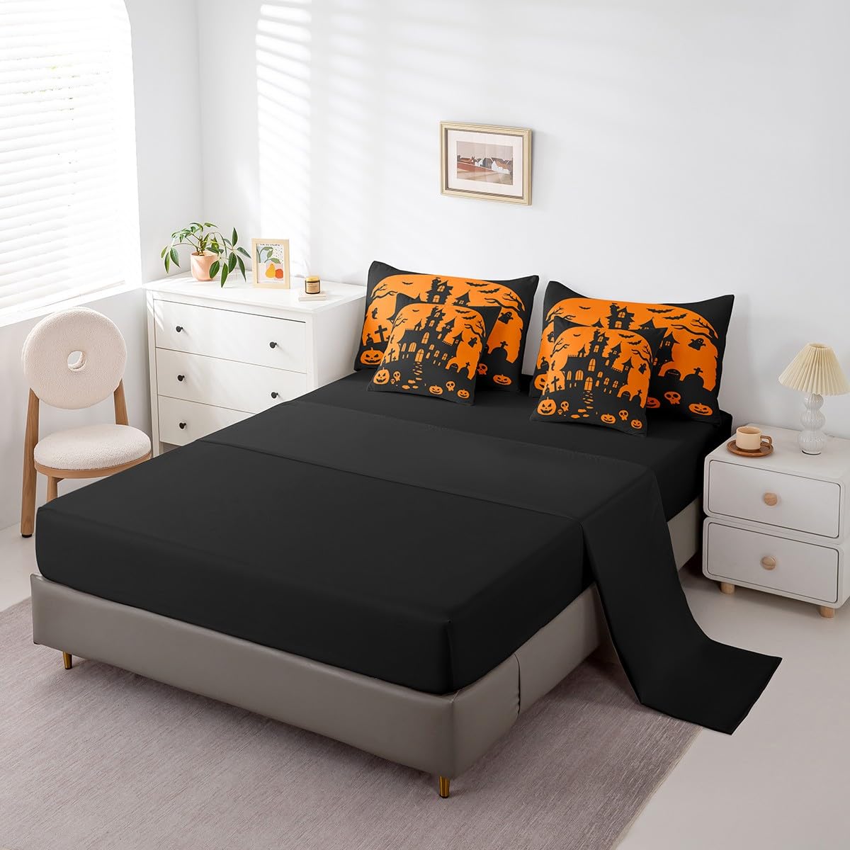 Feelyou Halloween 7 Piece Bedding Set Twin Size Pumpkin Comforter Set with Sheets for Kids Boys Girls Teens Bat Bed in a Bag Horror Castle Bed Set