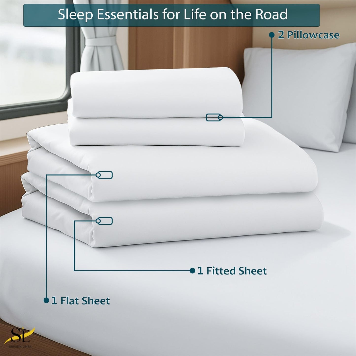 Shreem Linen RV Bunk Sheets 28x75, 100% Egyptian Cotton 4-Piece Camper Bedding Set, Fits 10-12" Deep RV Mattress, White