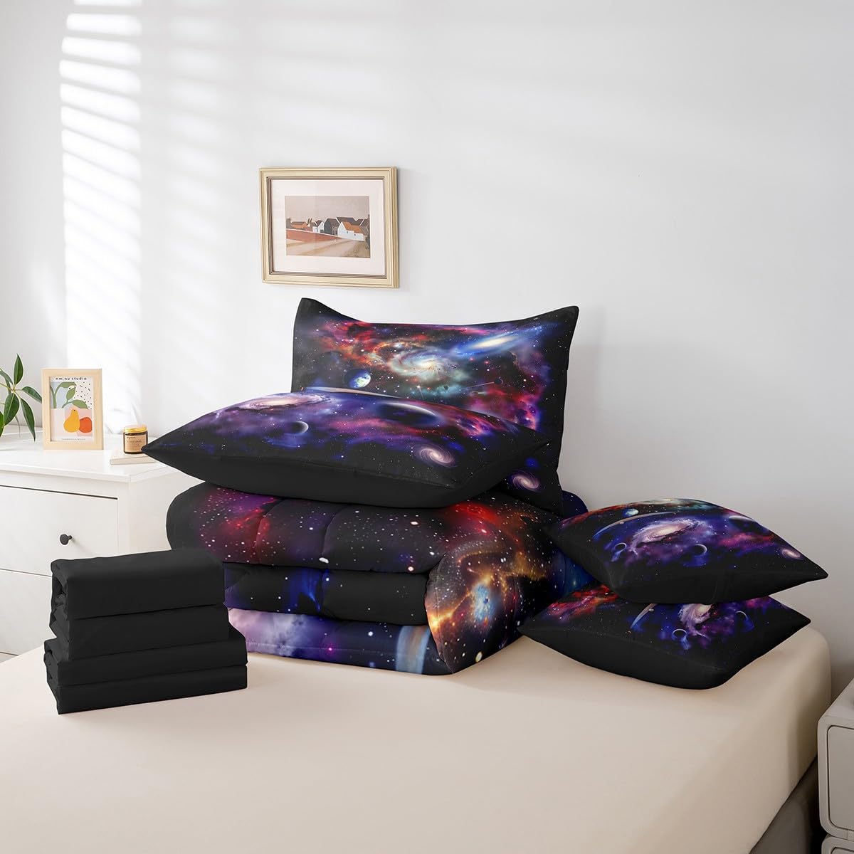 Erosebridal Purple Galaxy Bed in A Bag Starry Sky Quilt with Flat Fitted Sheet Outer Space Universe Planet Bedding Sets 3D Solar System Theme Comforter Set 7 Piece Twin,Purple