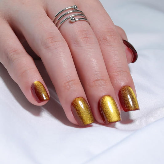Stbisen Amber Gold Cat Eye Press On Nails Short – Square Fake Nails with Color-Shifting Glow, Glossy Gel Acrylic Nails 15 Sizes, 30 Nails, Thick Reusable Glue On Nails for Daily Wear & Women Gifts