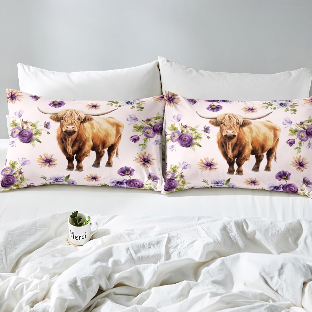 Castle Fairy Highland Cow Bed Sheet Set Twin Size,Rustic Farmhouse Style Animal Sheet Set Kids Teens,Purple Flowers Country White Bedding Decor Set with 1 Flat & 1 Fitted Sheet with 1 Pillow Sham