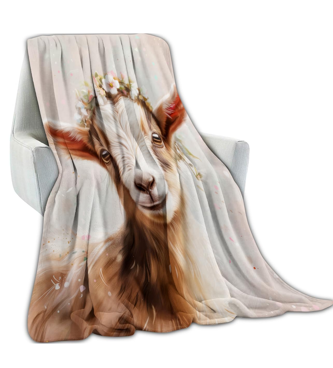 amepay Charming Goat with Floral Crown Blanket Soft & Cozy Flannel Fleece Throw Blankets - Lightweight & Warm for Couch, Bed, Travel, Outdoor Comfort 60x50 inch