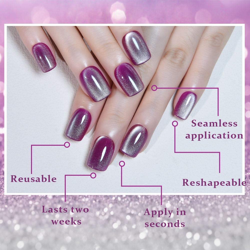 evpct Light Purple Cat Eye Extra Short Press on Nails Square, Petite Short Square Stick on Nails for Women Gift, Magenta Purple Holographic Glitter Glossy Reusable Gel Press on Acrylic Fake Nail