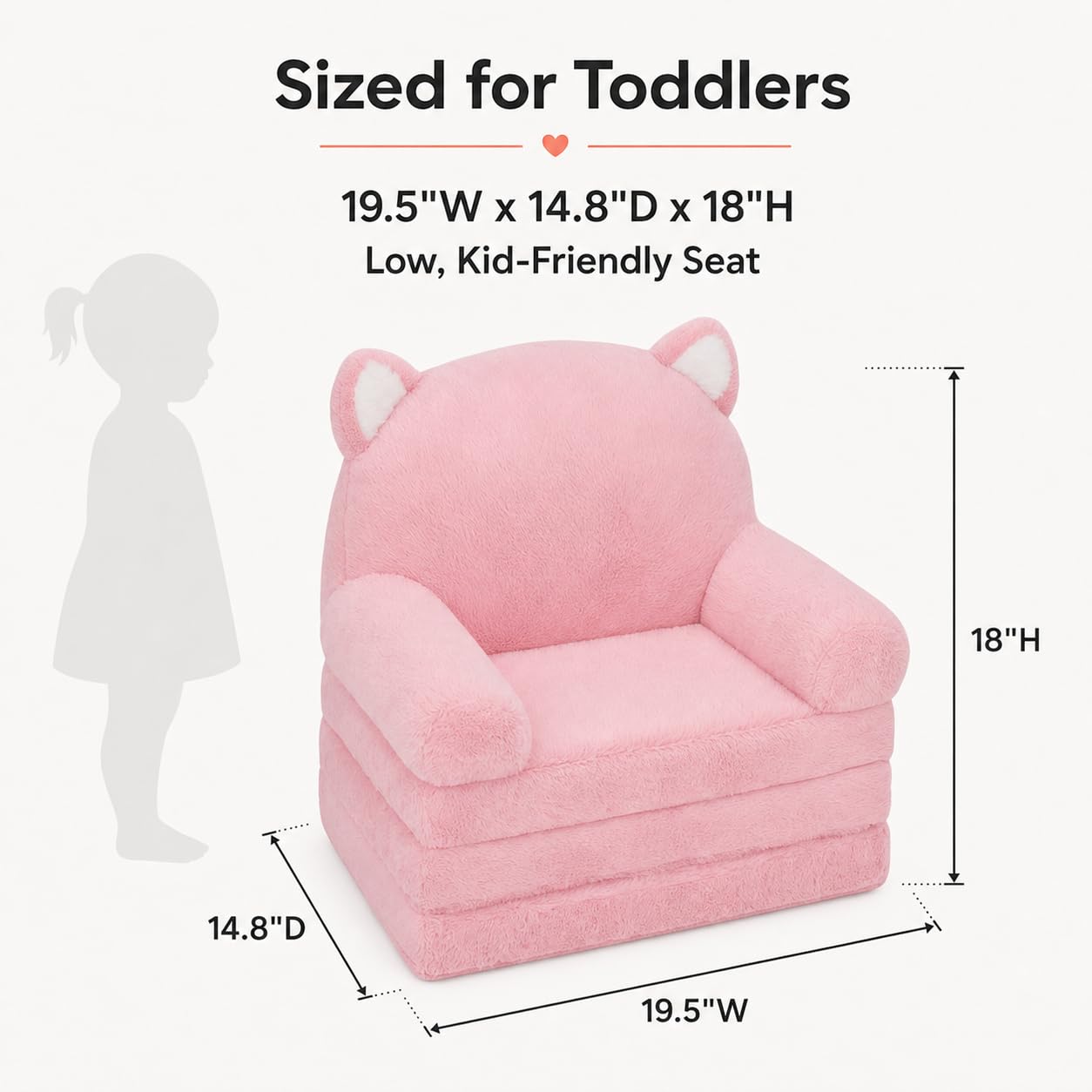 MONKISS Kids Couch, Comfy Toddler Chair, 2 in 1 Fold Out Kids Sofa, Baby Sitting Chair with Washable Cover, Toddler Furniture for Reading, TV and Playroom, Birthday Gift for Girls, 1-4 Years Old, Pink