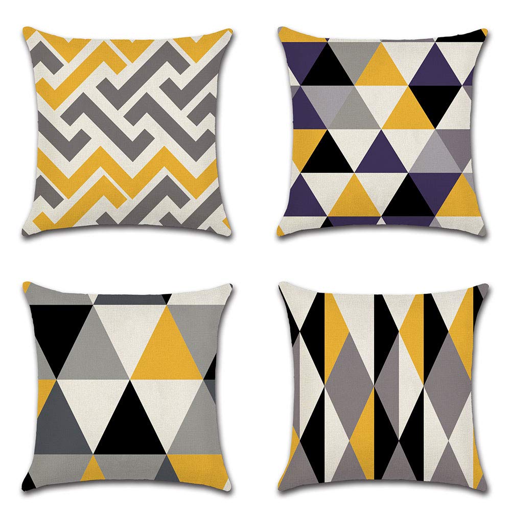 YUNNKEEY Pillow Covers 18x18 Set of 4, Modern Sofa Throw Pillow Cover, Decorative Home Outdoor Linen Fabric Geometric Pillow Case for Couch Bed Car 45x45cm, Yellow