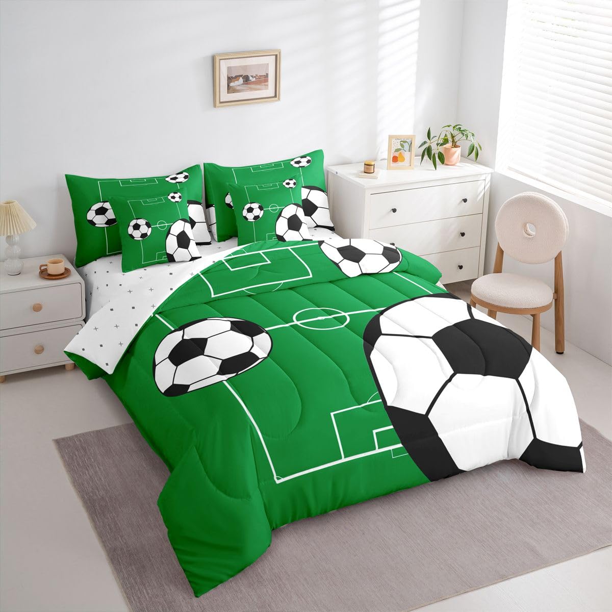 Erosebridal Football 7 Piece Bedding Set Full Boys Sports Theme Comforter Set with Sheets Soccer Ball Pattern Playground Bed in a Bag Football Court Green White for Kids Boys Girls