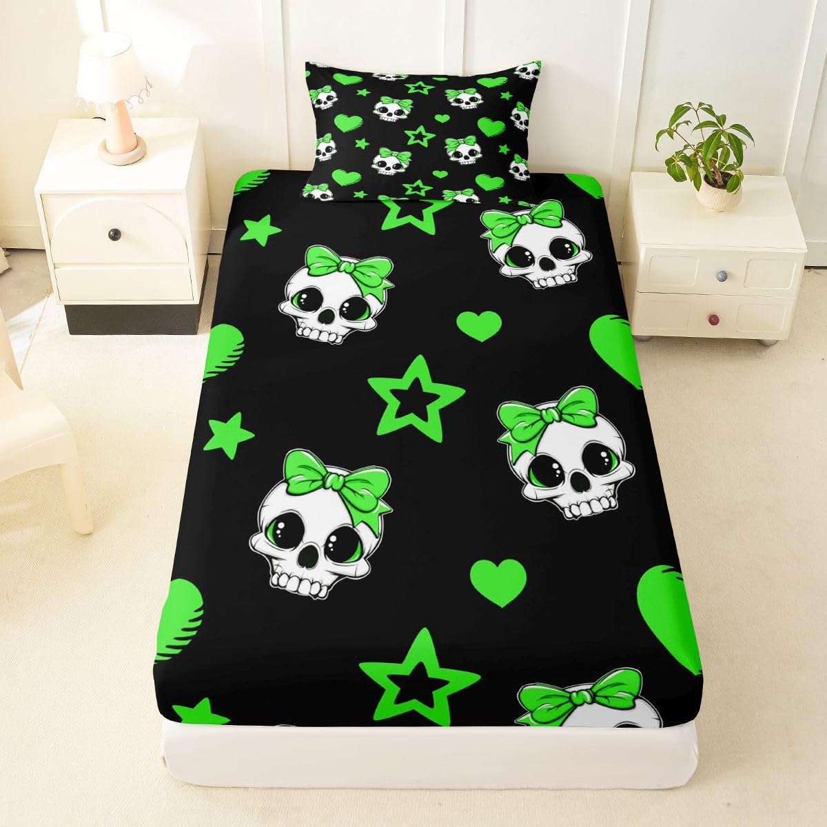 Castle Fairy Cute Skeleton Bed Sheets Twin Size,Exotic Skull Star Love Bowknot Print Easy Wash Bedding Set,Halloween Theme Kids Room Decor,Black Green Sheet(Fitted+Flat+1 Pillowcase)