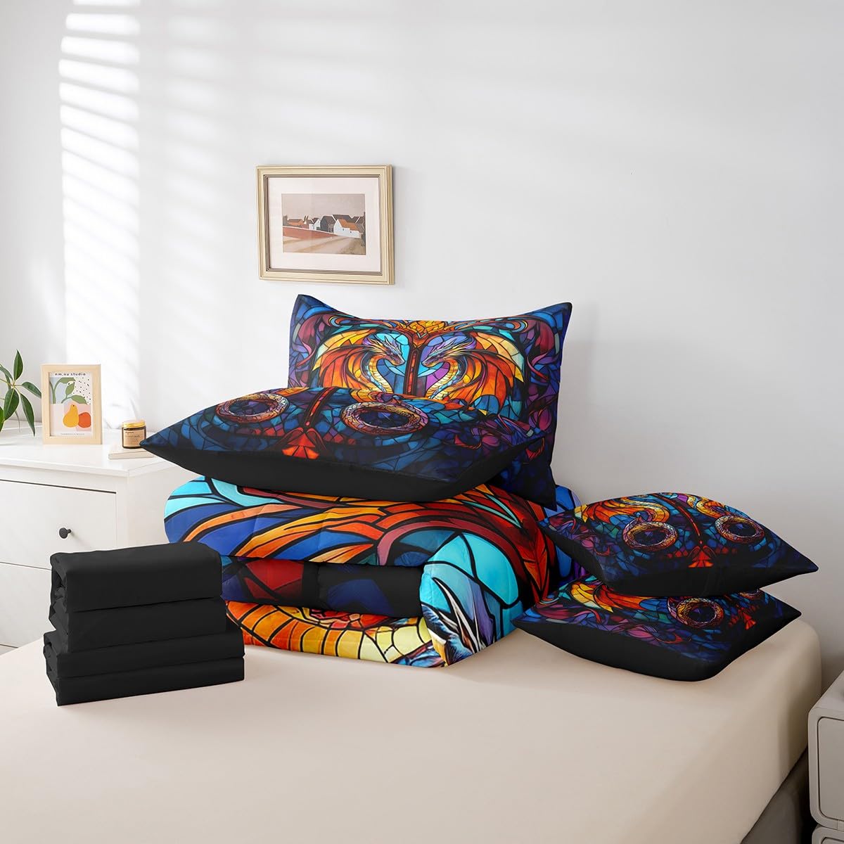 7 Pieces Retro Castle Stained Glass Comforter Set Queen,Magical Dragon Bed Set for Kids Boys Girls,Abstract Art Bedding(1 Comforter,1 Fitted Sheet,1 Flat Sheet,2 Pillowcases,2 Throw Pillow Cover)
