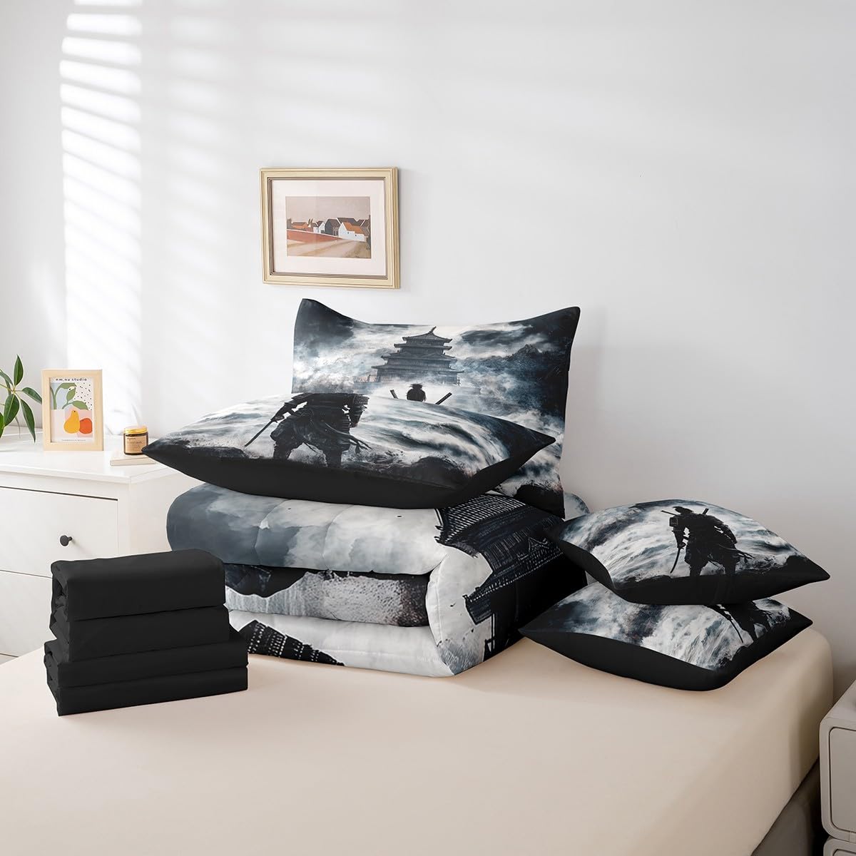 Queen Size 7 Pieces Bedding Sets Japanese Samurai Comforter Set Oriental Culture Bed Sheet Grey Reversible Printed Quilt Set + Flat Sheet + Fitted Sheet + 2 Pillowcase + 2 Throw Pillow Covers