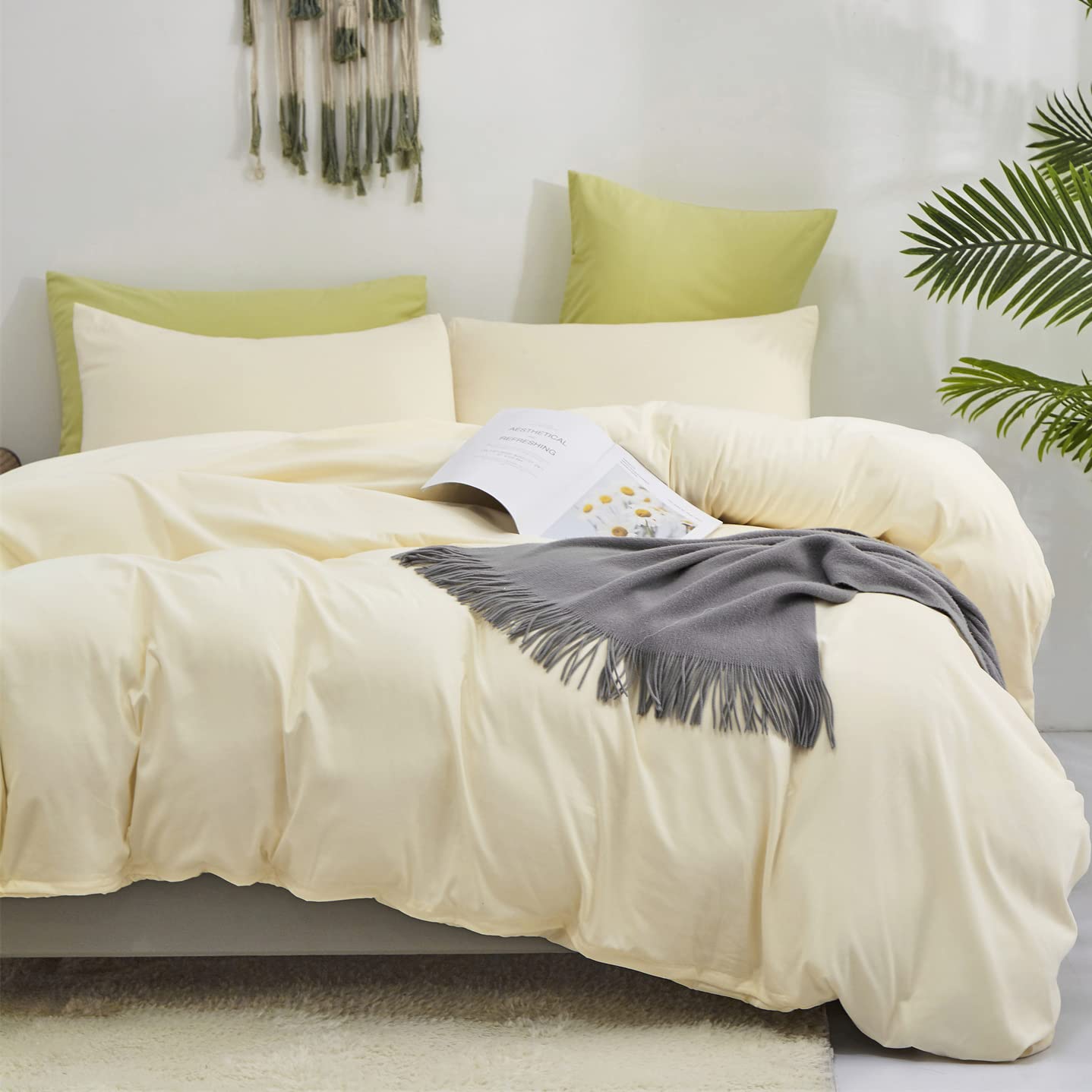 KAREVER Light Yellow Comforter Set Full Ivory Bedding Set Men Breathable Beige Bedding Set Women Soft Off White Ivory Bedding Comforter Set Full Size Comforter