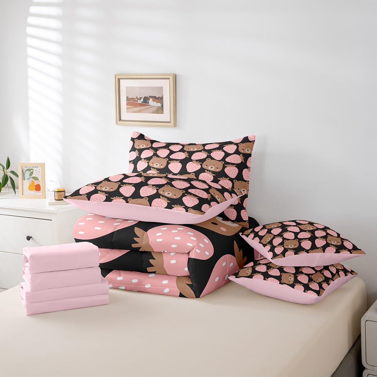 Cartoon Bear 7Pcs Comforter Set Full Size,Sweet Strawberry Bedding Sets for Kids Girls Boys Teens Room Decor,Cartoon Animals Bed in a Bag Cute Pink Fitted Flat Sheet,2 Throw Pillow 2 Pillowcases
