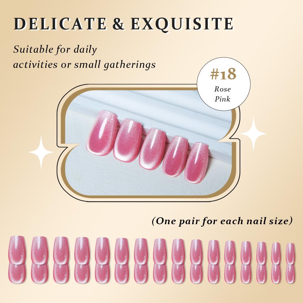 evpct Rose Pink Cat Eye Coffin Press on Nails Medium Square No Glue, Medium Square Stick on Nail for Women, Pink Metallic Glitter Glossy Reusable Summer Soft Press on Acrylic Fake Nail with Designs