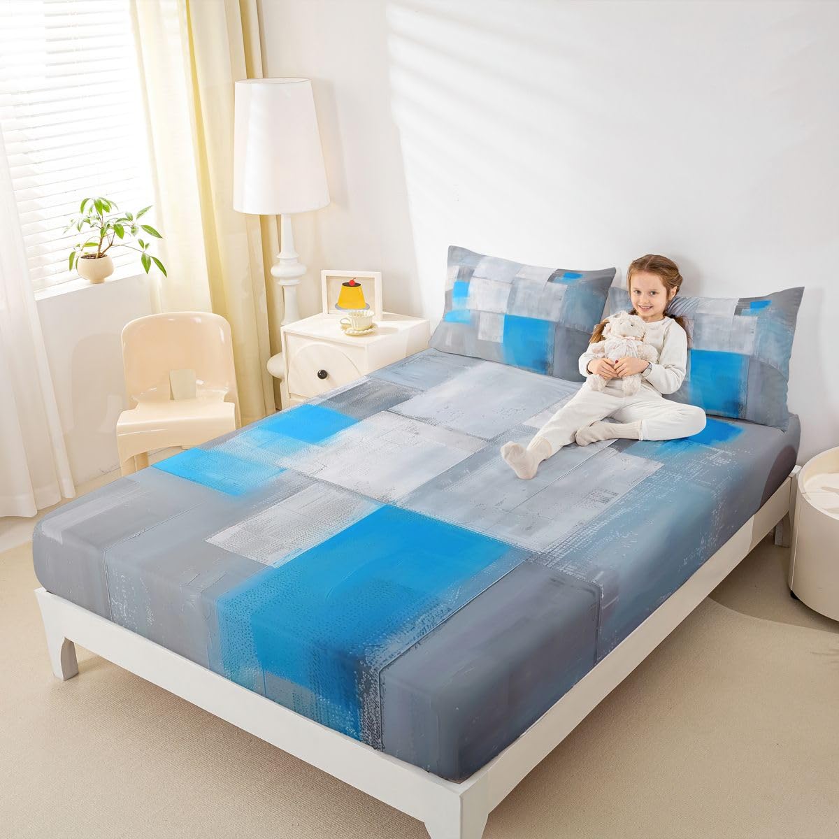 jejeloiu Abstract Fitted Sheet Full Size for Kids Boys Girls Blue Ombre Bed Sheets Set 16" Deep Pocket Soft Breathable Microfiber Modern Art Bedding with 2 Pillowcases Luxury Room Decor