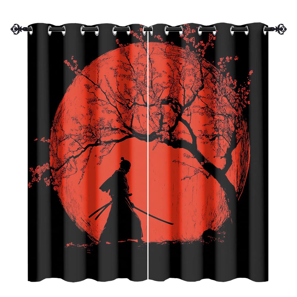 XSUPFLYM Rustic Vintage Japanese Samurai Privacy Blackout for Living Room Curtains Beautiful Abstract Cherry Blossom Tree Red Sun Pattern Curtains Top Grommets Window Treatment 2 Panels 21" W x 45" L