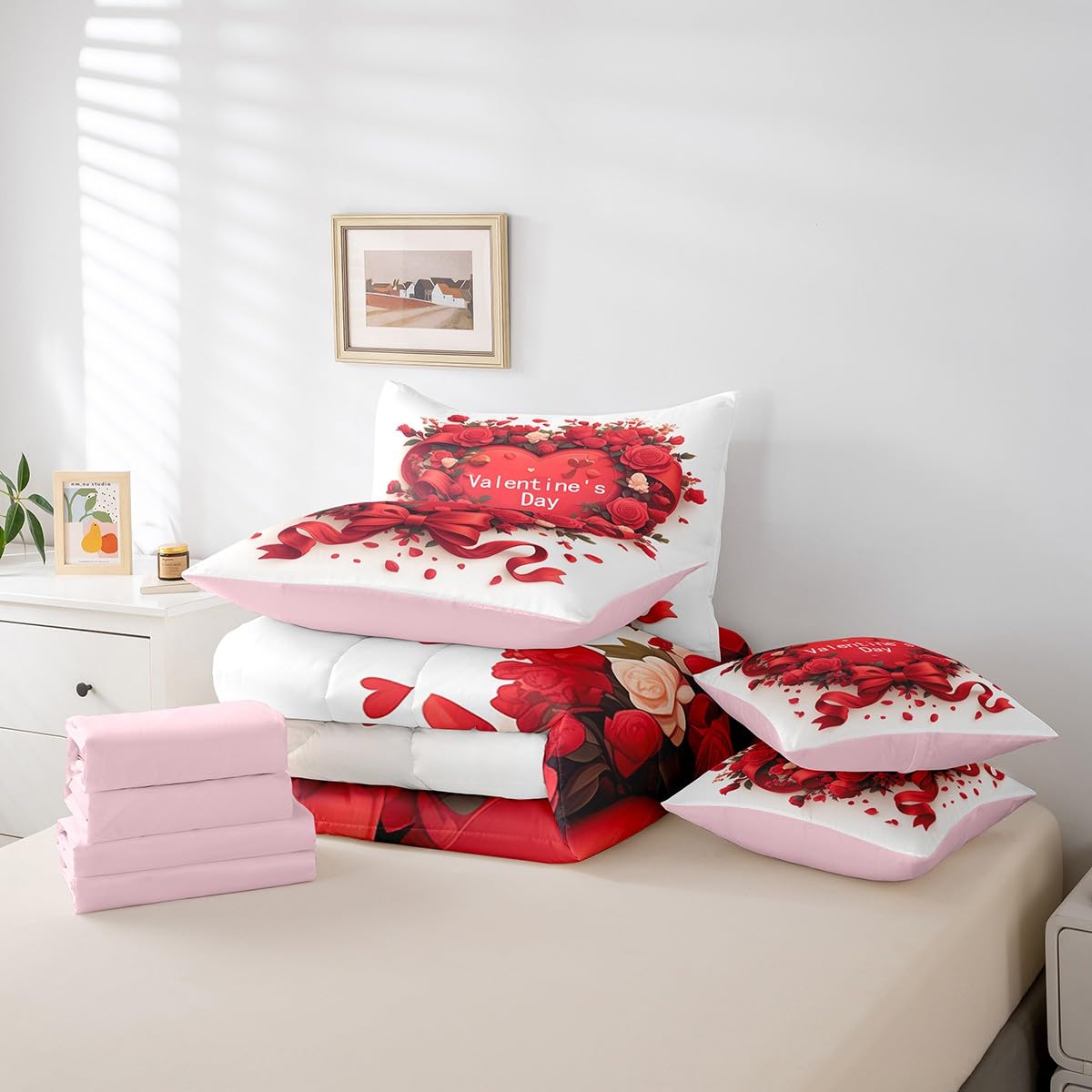 Feelyou Kids Valentine's Day Comforter Set with Sheets Queen Size, Rose 7 Pieces Bedding Set Boys Girls Romantic Bed in A Bag Red Heart Teens Bed Set Bedroom Decor 7Pcs