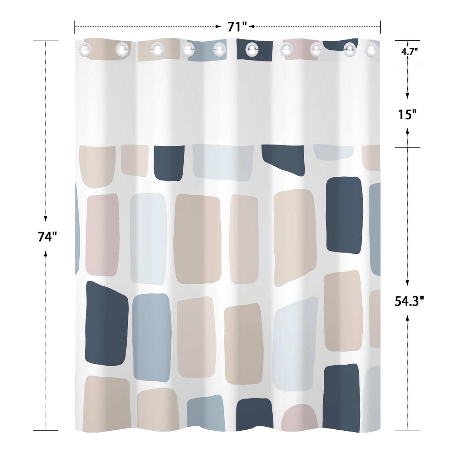 Xiazhilaio No Hook Geometry Shower Curtain with Liner 71 x 74 Inch - Blue and Yellow Modern Abstract Pattern, Waterproof Fabric Bath Curtain with Mesh Top for Minimalist and Modern Bathroom Decor