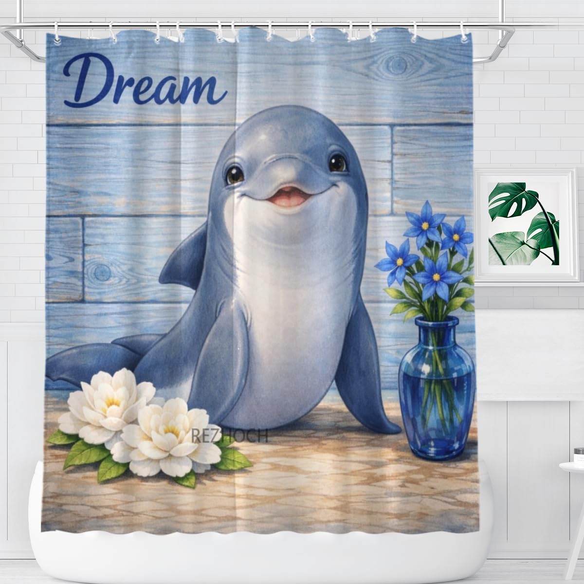 REZHOCH Cute Fun Dolphin Shower Curtain 72x72Inch,Blue Floral Dream Home Bathroom Decor,Animal Art Flower Waterproof Fabric Rustic Farmhouse Puppy Bath Tub Curtain with Hooks