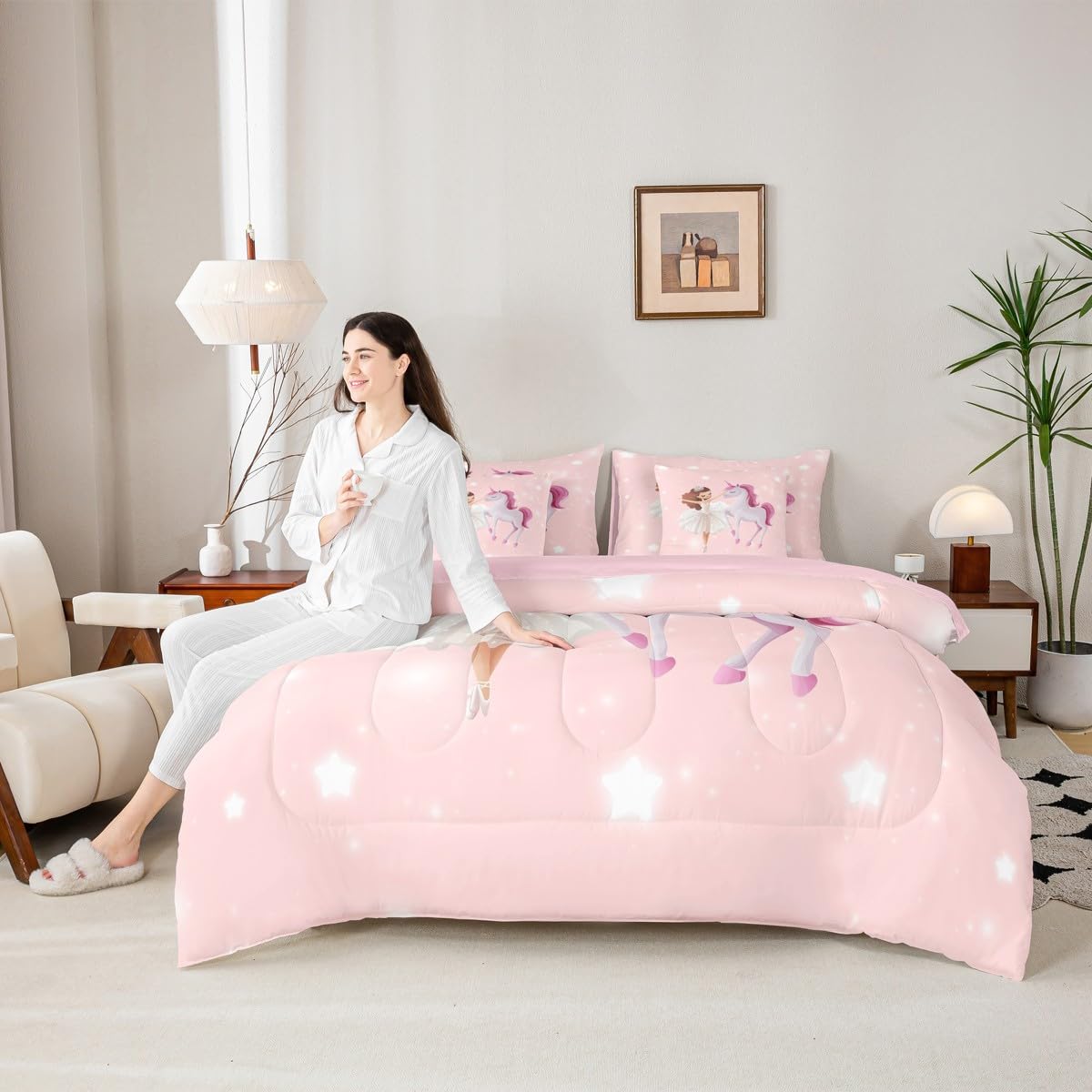 jejeloiu Love Gymnastics Girl Bed Set Dancer 7 Pieces Bedding Set for Kids Unicorn Glitter Bed in a Bag with Comforter, Sheets, Pillowcases Ultra Soft Lamp All Season Breathable Lightweight Twin Size