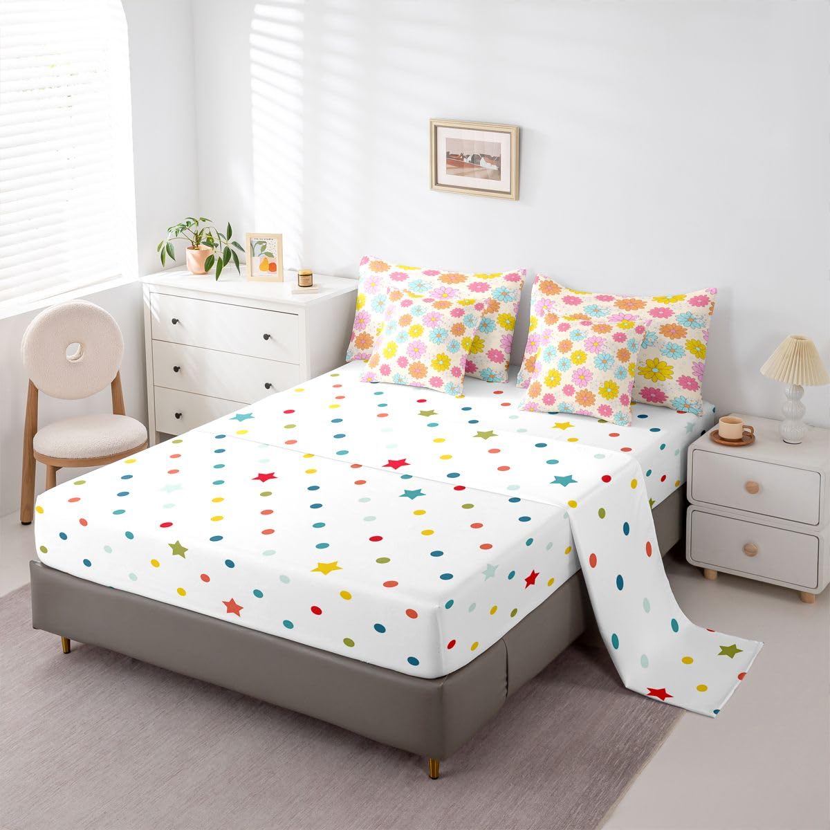 Erosebridal Cartoon Flower 7 Pcs Bedding Set Twin Size for Teen Girls Cute Floral Comforter Set with Sheets for Kids Young Women Blue Yellow Pink Bed in A Bag Kawaii Daisy Bed Sets All Season